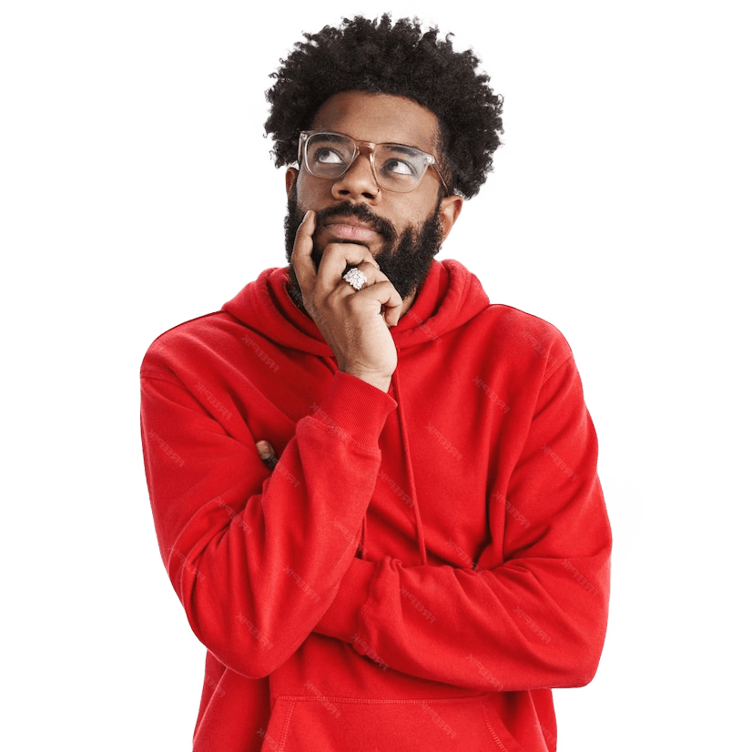creative african american bearded guy with afro hairstyle glasses red hoodie creating new song standing thoughtful pose touching chin looking dreamy focused upper right corner thinking 1298691 27658 1 1