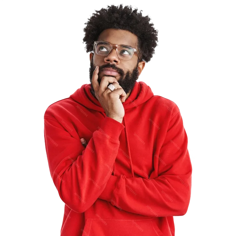 accueil 8 creative african american bearded guy with afro hairstyle glasses red hoodie creating new song standing thoughtful pose touching chin looking dreamy focused upper right corner thinking 1298691 27658 1 1